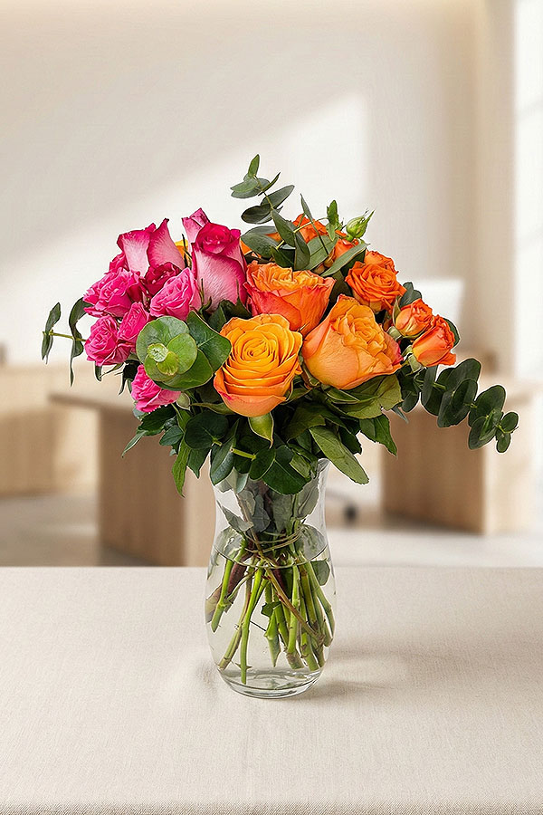Güneşin Renkleri Turuncu ve Pembe Gül Aranjmanı