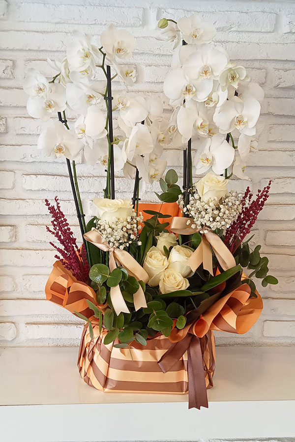 Prestij Işıltısı 4 Dallı Beyaz Orkide ve Gül Aranjmanı
