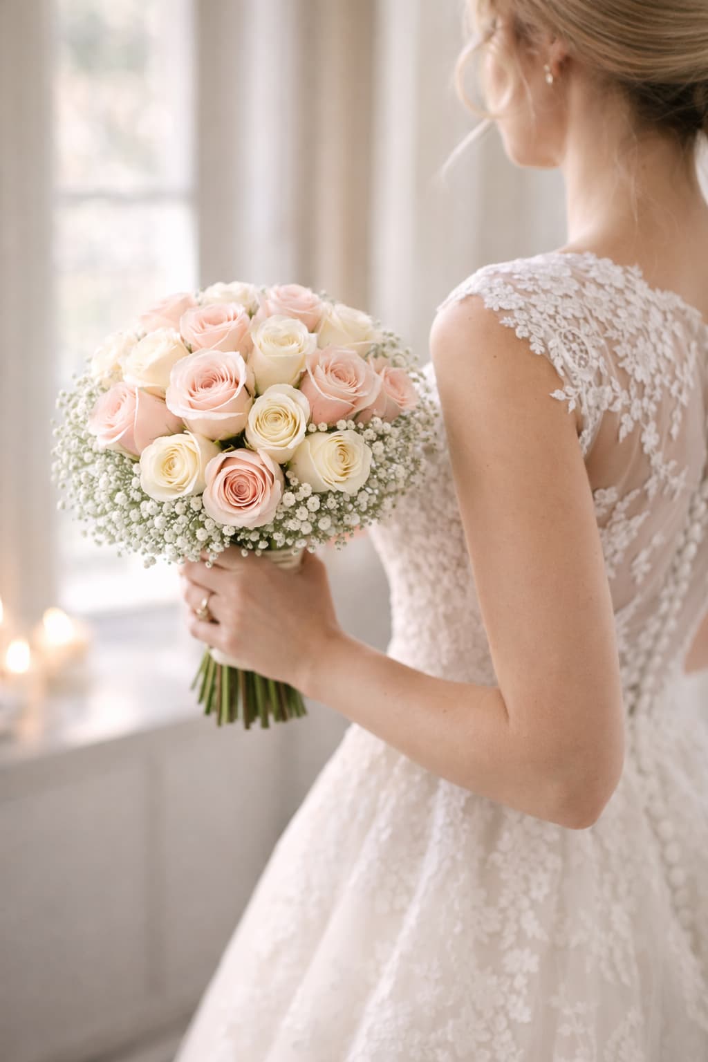 Romantik Rüya Pembe ve Krem Gül Gelin Buketi