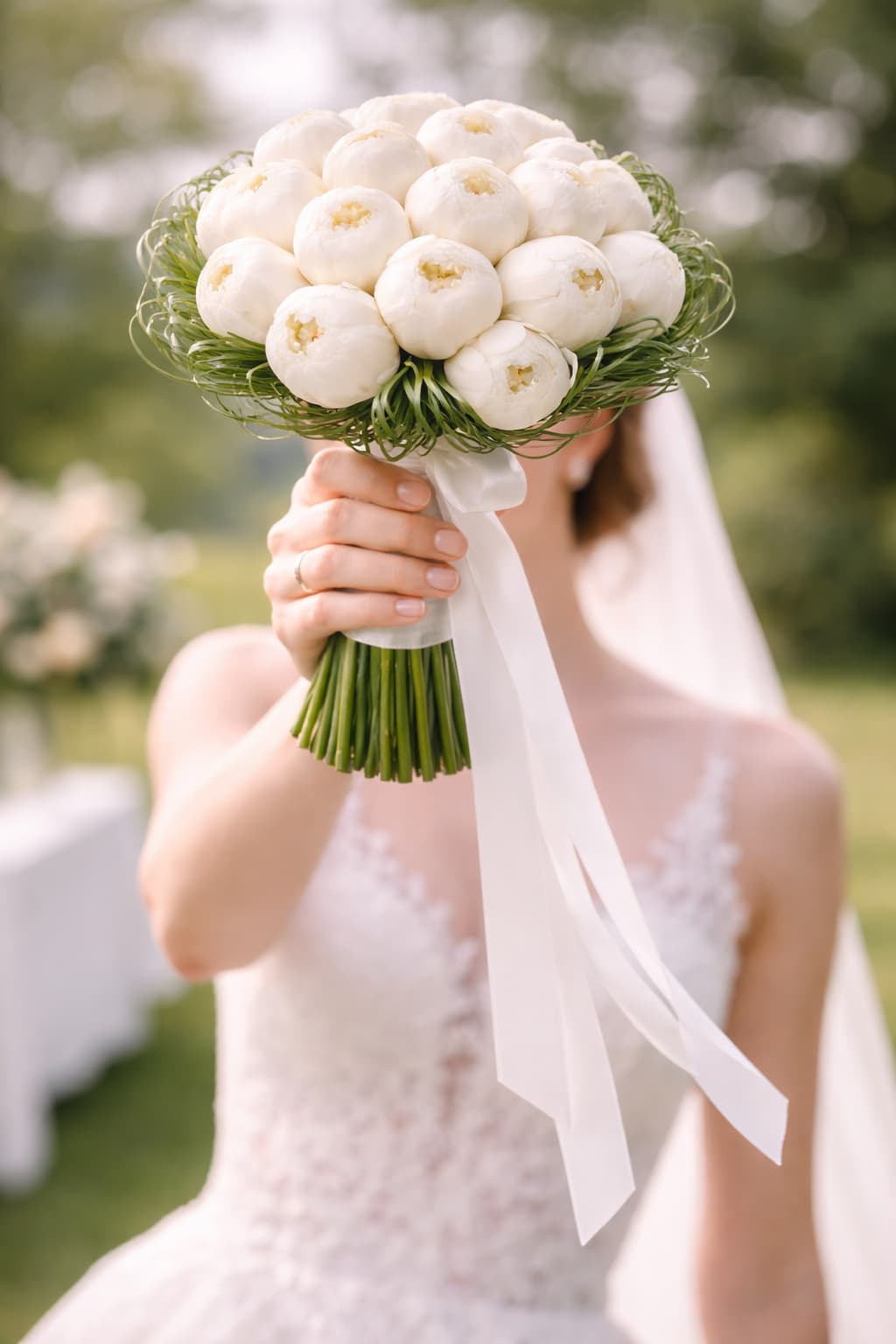 Saf İnciler Tomurcuk Beyaz Şakayık Gelin Buketi