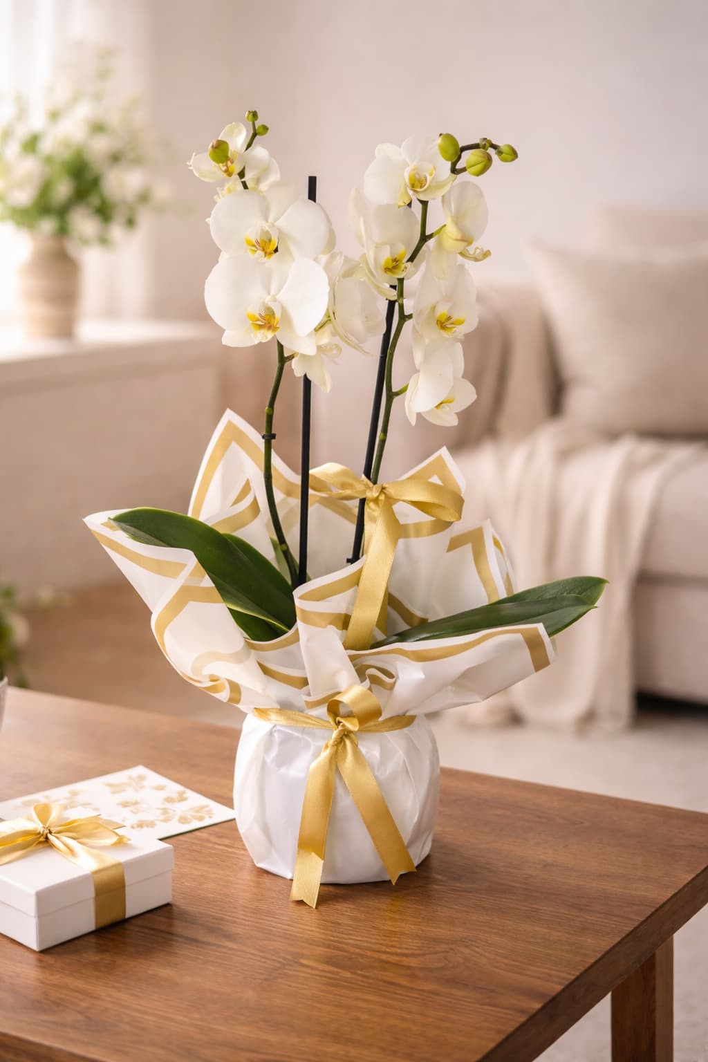 Altın Işıltısı 2 Köklü Beyaz Orkide Tasarımı