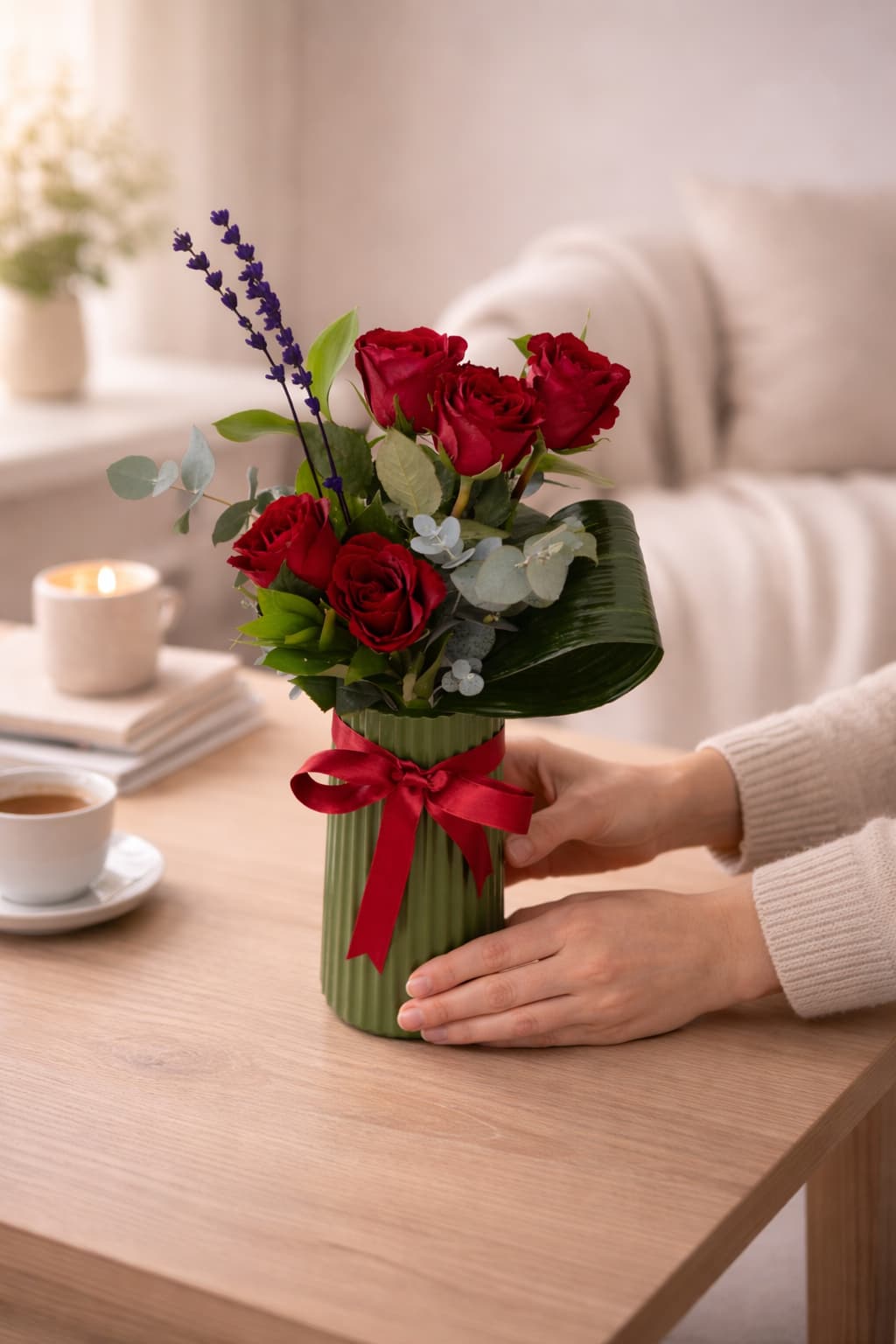 Kızıl Büyü 5 Kırmızı Gül ve Lavanta Aranjmanı