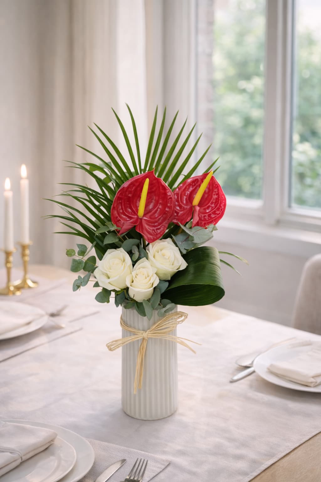 Egzotik Zarafet Antoryum ve Beyaz Gül Aranjmanı