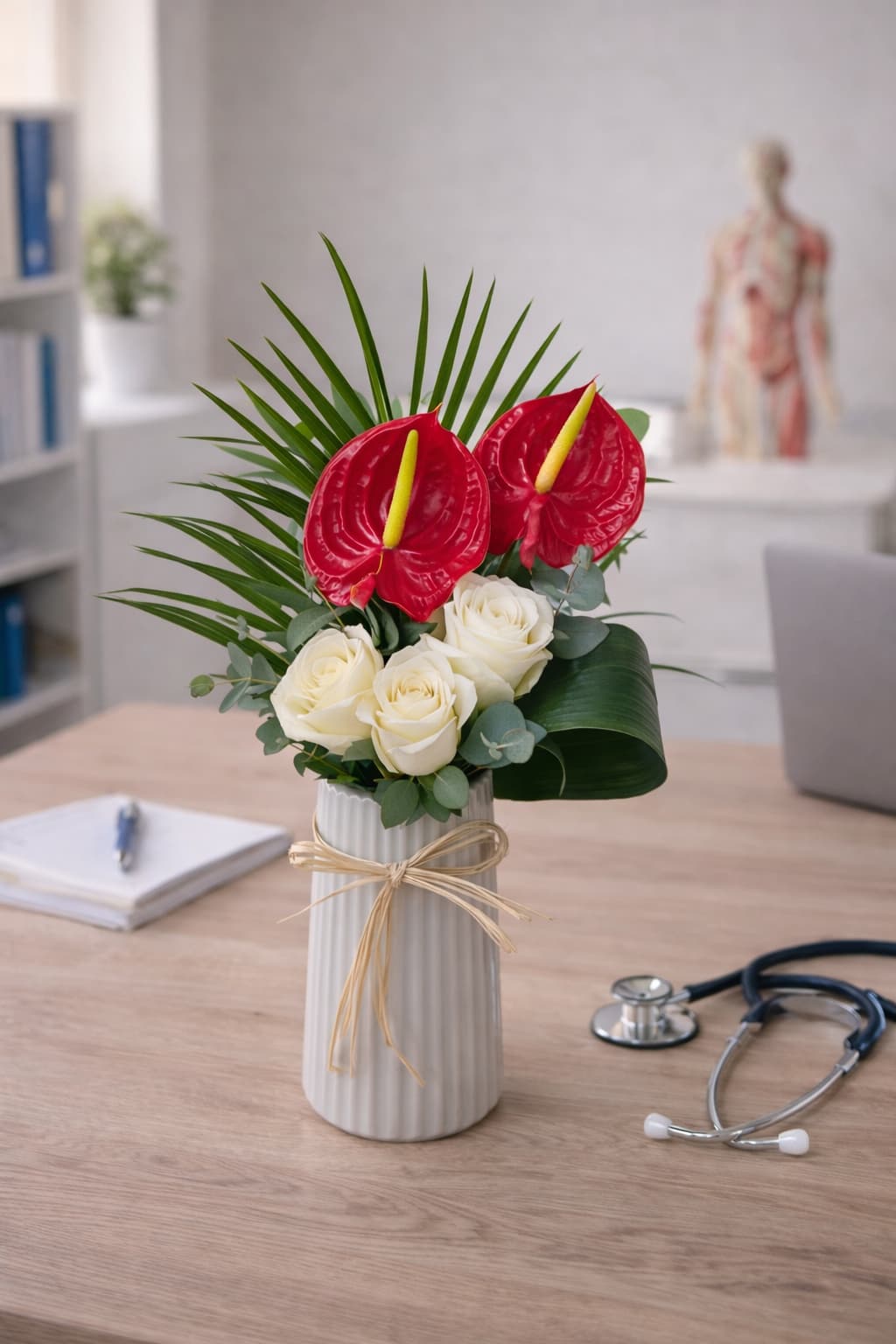 Egzotik Zarafet Antoryum ve Beyaz Gül Aranjmanı